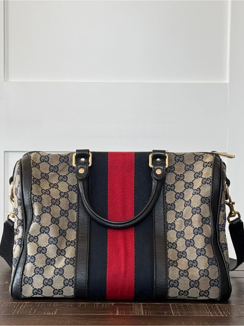 Gucci Beige GG Supreme Duffel with Red & Navy Stripe